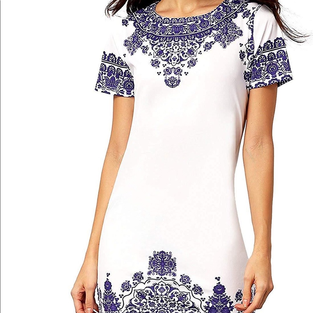 White and Blue Printed Shift Dress
